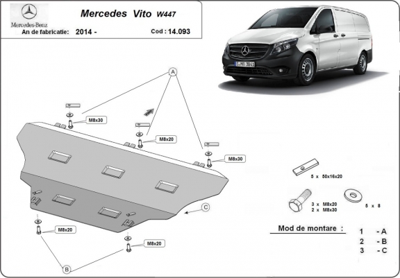 Cache sous moteur et de la boîte de vitesse Mercedes Vito W447 4x2, 1.6 D