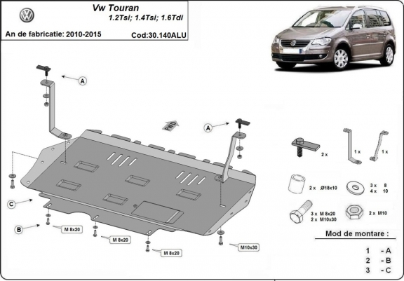 Cache sous moteur et de la boîte de vitesse en aluminium Volkswagen Touran