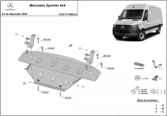 Cache sous moteur et de la boîte de vitesse en aluminium Mercedes Sprinter 907 4x4