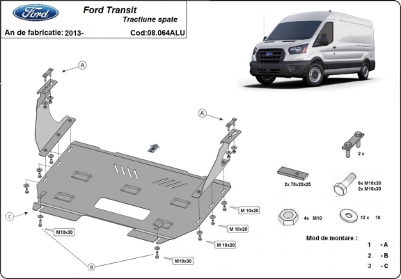 Cache sous moteur et de la boîte de vitesse Ford Transit RWD- Aluminium
