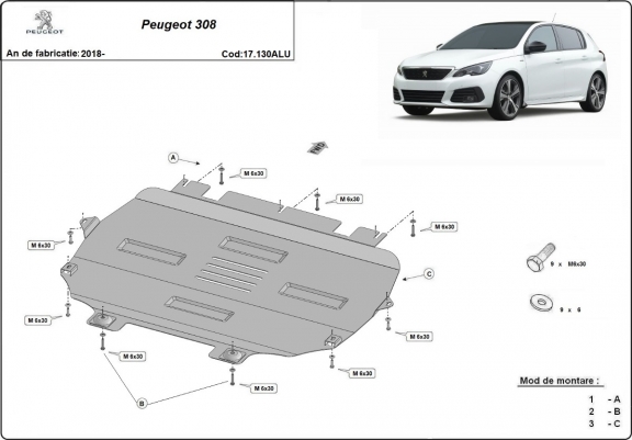 Cache sous moteur et de la boîte de vitesse Peugeot 308 Aluminium