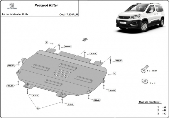 Cache sous moteur et de la boîte de vitesse Peugeot Rifter Aluminium