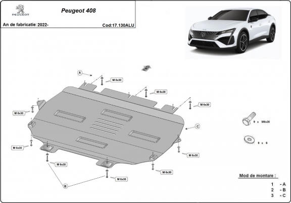 Cache sous moteur et de la boîte de vitesse Peugeot 408 Aluminium
