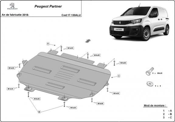 Cache sous moteur et de la boîte de vitesse Peugeot Partner Aluminium