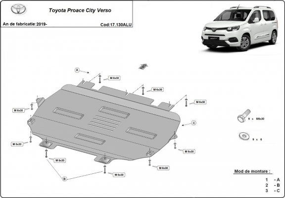Cache sous moteur et de la boîte de vitesse Toyota Proace City Verso Aluminium