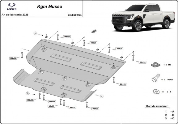 Cache sous moteur et de la radiateur KGM Musso 