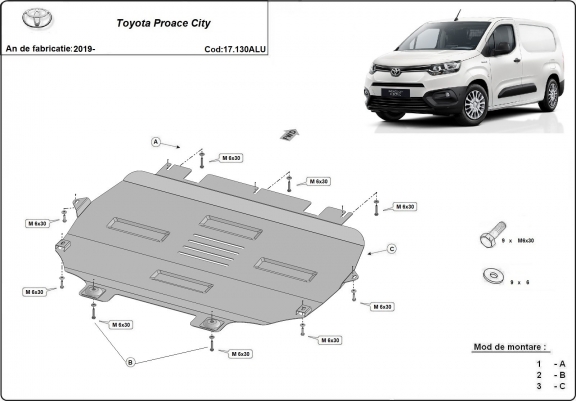 Cache sous moteur et de la boîte de vitesse Toyota Proace City Aluminium