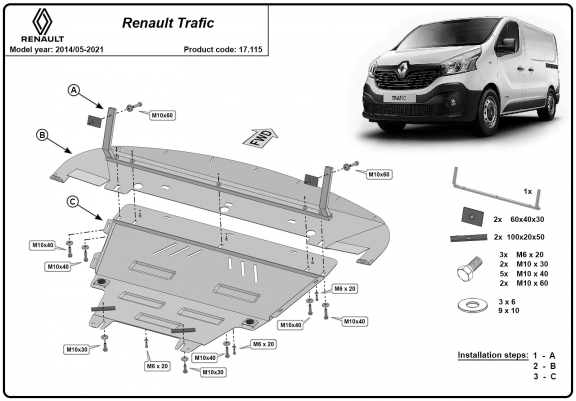 Cache sous moteur et de la boîte de vitesse Renault Trafic 3 